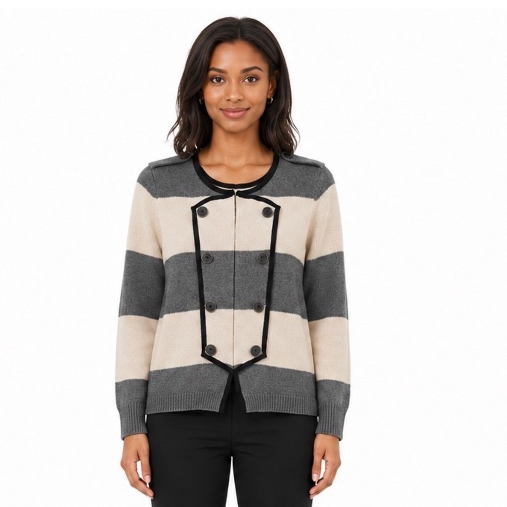 Loft Grey Cream Striped Military Cardigan Sweater Cotton M Coastal Chic 112-06